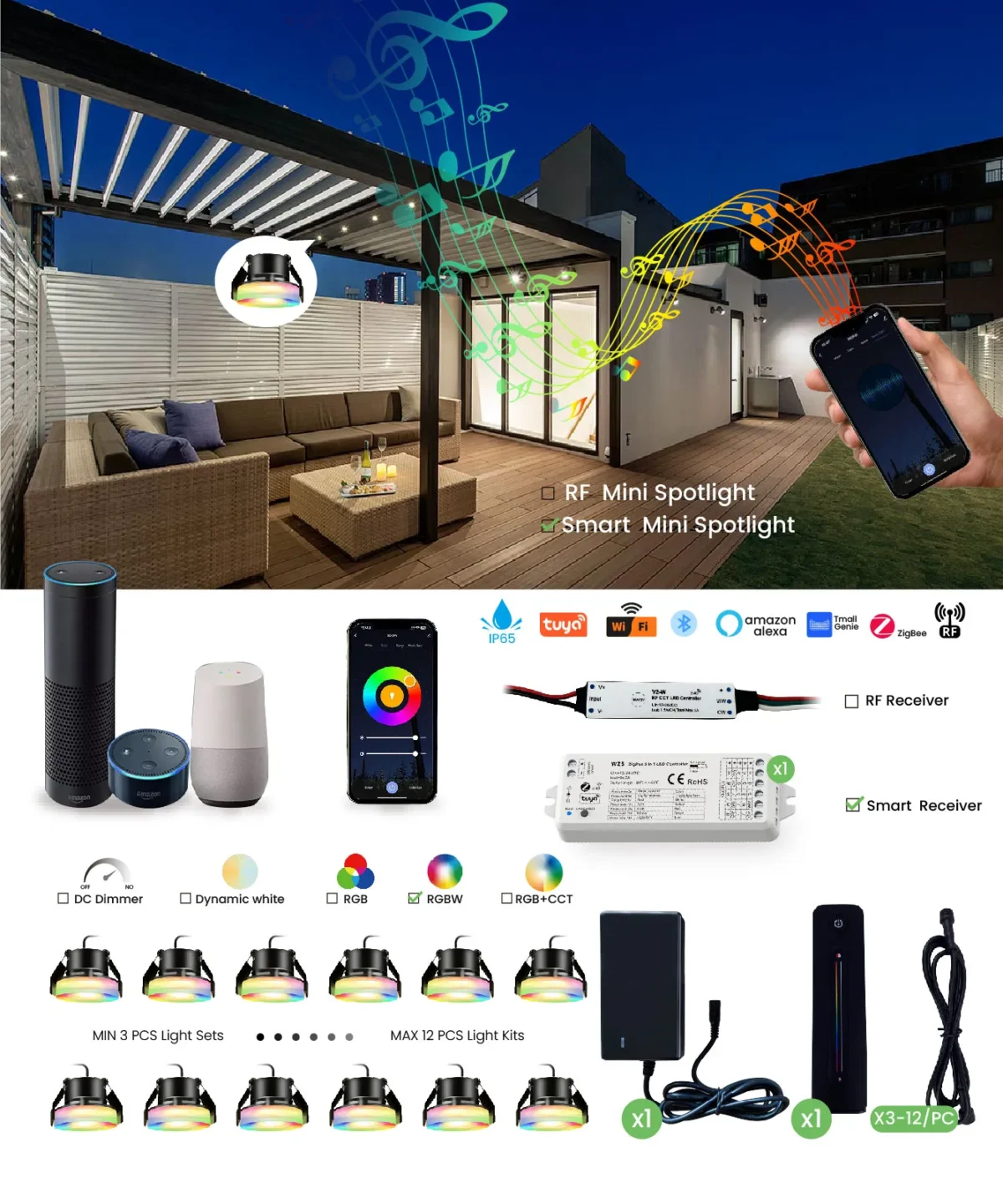 Dragon 3W DC24V IP65 dimmable mini LED spotlight kits with RF remote control, designed for both indoor and outdoor use, highlighting a durable and compact design with easy remote-controlled dimming for customizable lighting.