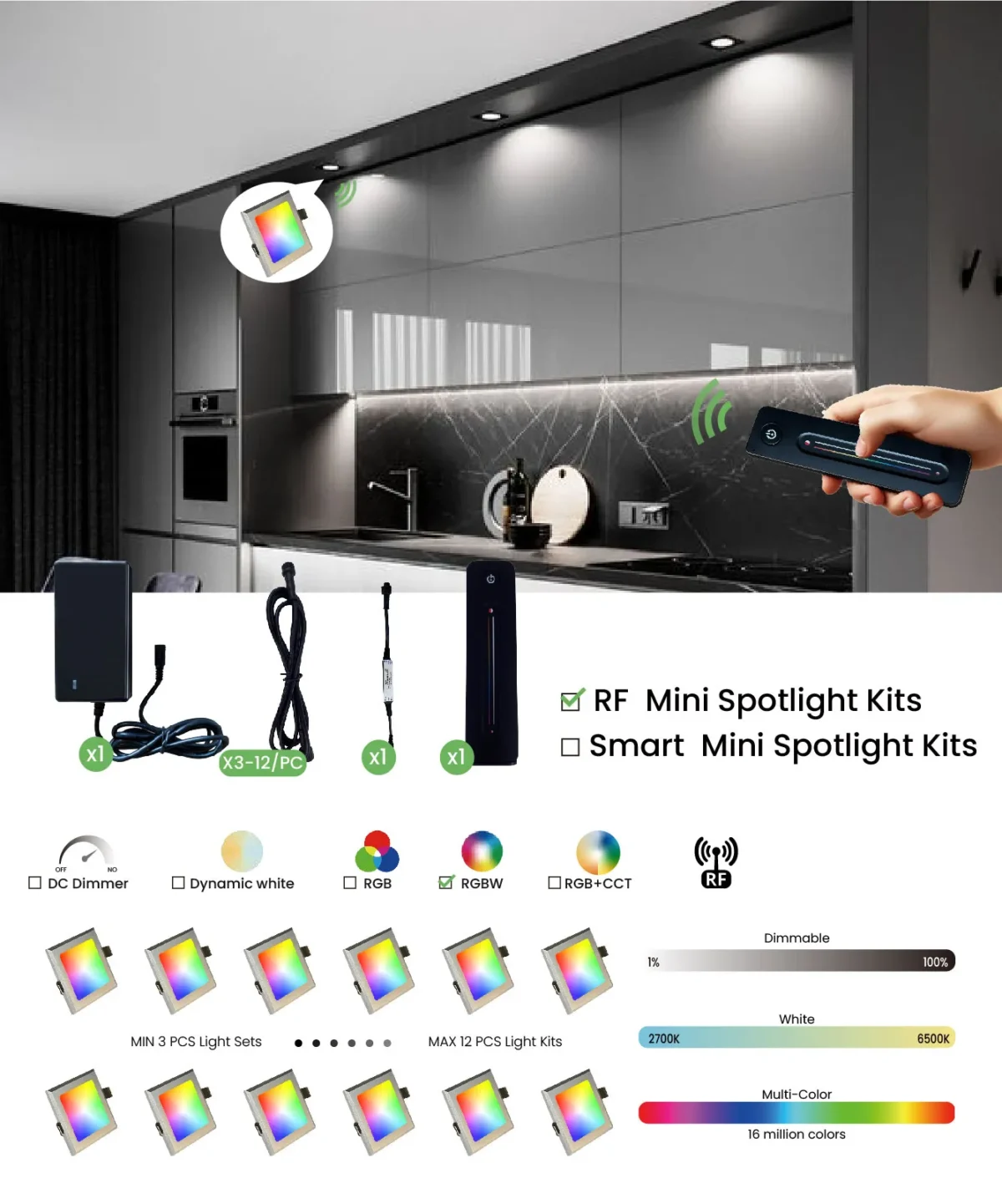 Unison, 3W DC24V IP20 Dimmable RF Remote Control LED Cabinet Light Kits