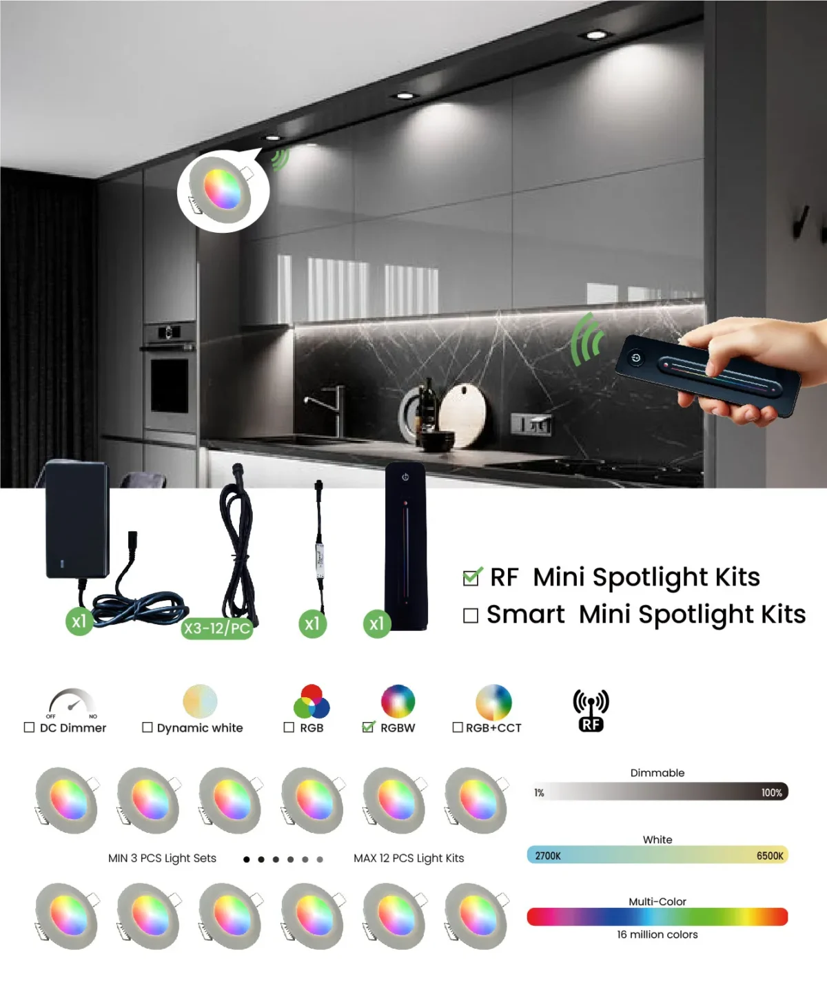 Usher, 3W DC24V IP20 Dimmable RF Remote Control LED Cabinet Light Kits