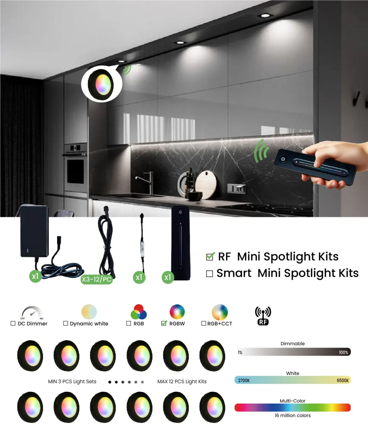 Uno, 3W DC24V IP20 Dimmable RF Remote Control LED Cabinet Light Kits