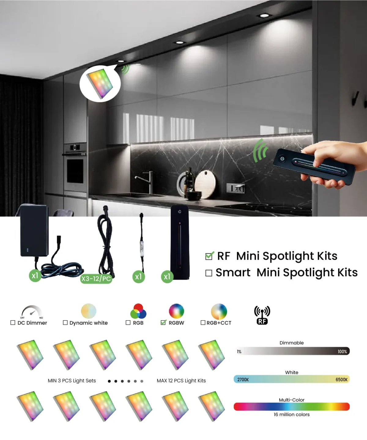 Uvea, 3W DC24V IP20 Dimmable RF Remote Control LED Cabinet Light Kits