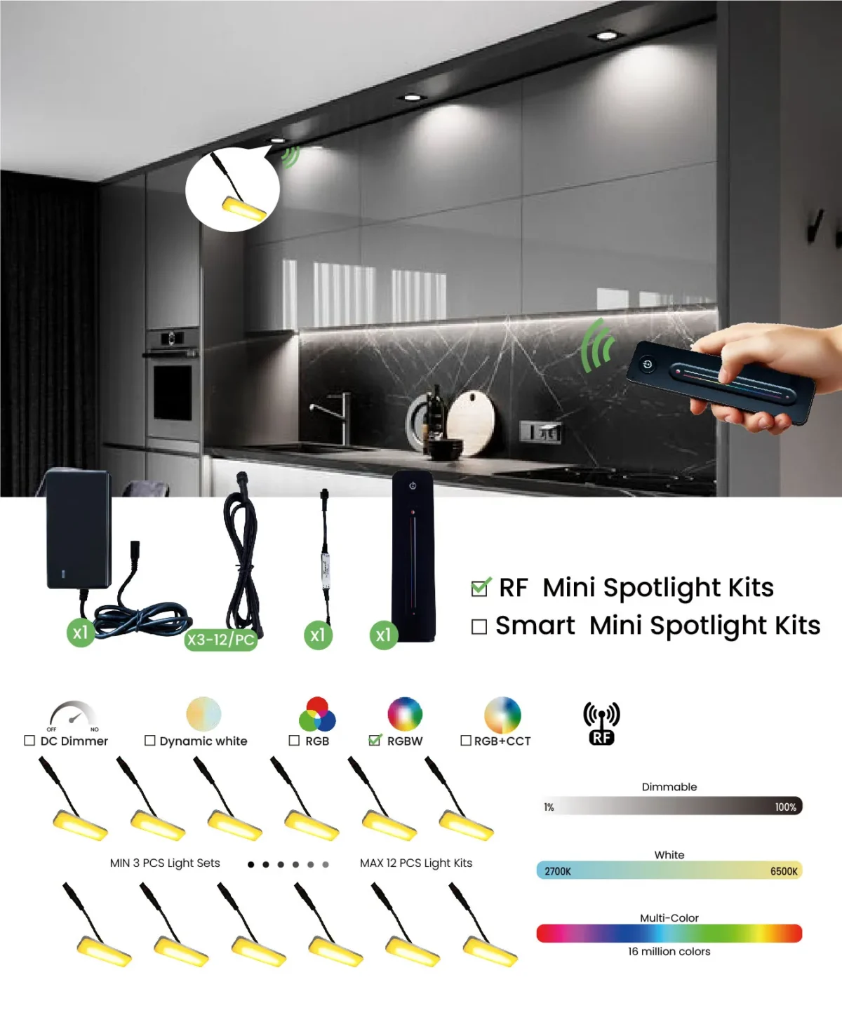 Uzi, 3W DC24V IP20 Dimmable RF Remote Control LED Cabinet Light Kits