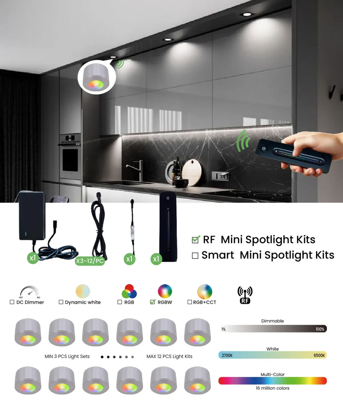 Uluru, 3W DC24V IP20 Dimmable RF Remote Control LED Cabinet Light Kits