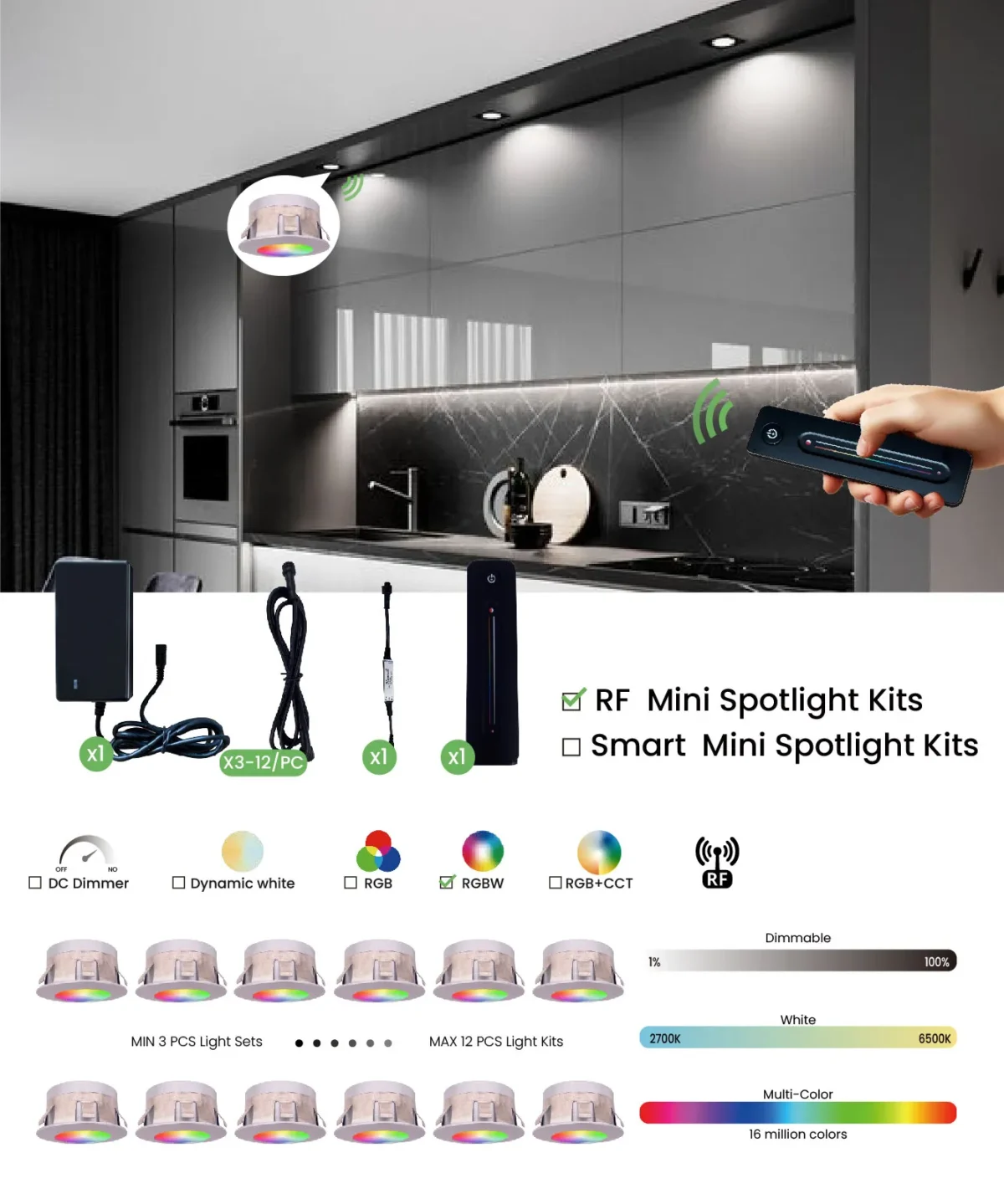 Ulm, 3W DC24V IP20 Dimmable RF Remote Control LED Cabinet Light Kits